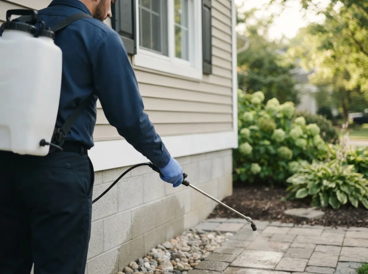 Pest control technician inspecting a home in Leonville, LA